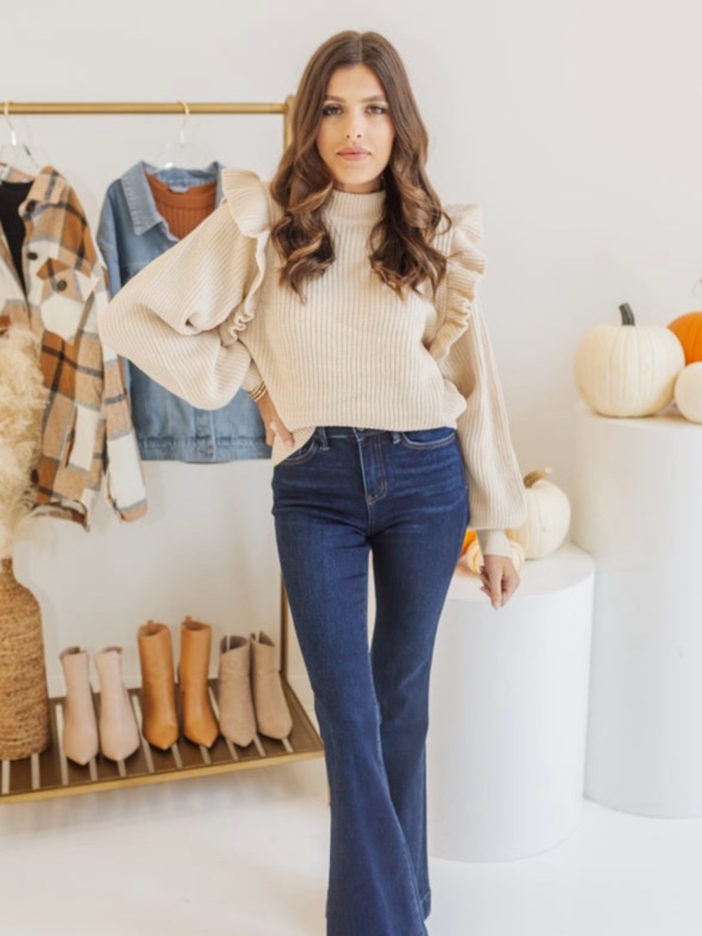 Cream Ruffle Mock Neck Sweater
